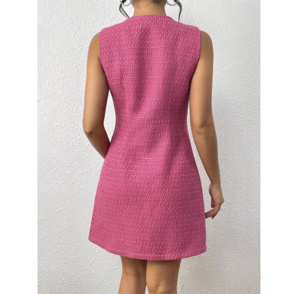 Classic Dual Pocket Button Front Tweed Dress - Pink - Picture 2 of 6